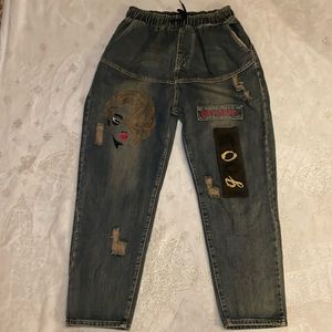 Embroidered, Embellished and Distressed Drawstring Jeans